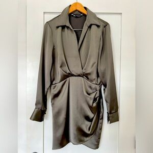 ZARA SATIN EFFECT RUCHED SILKY SHIRT DRESS Olive Size M